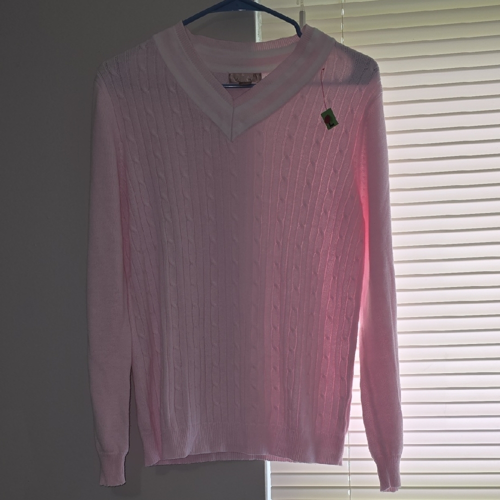 Pink V-Neck Cable Knit Sweater